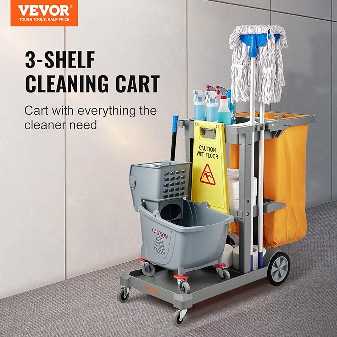VEVOR Cleaning Cart, 3-Shelf Commercial Janitorial Cart, 200 lbs Capacity - Image 2