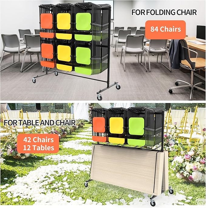 Folding Chair Rack for Storage, Folding Chair Cart 84 Chairs on Wheels Table - Image 7