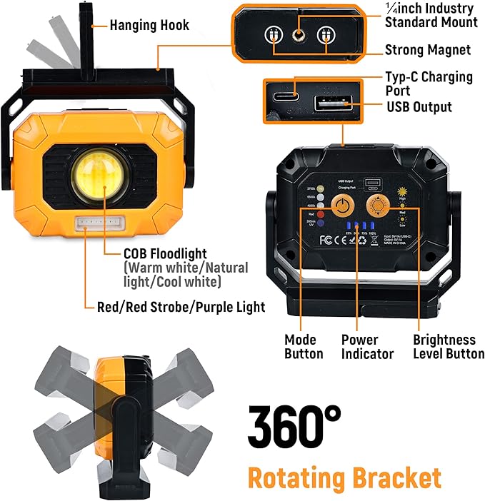 Adelante 2Pack Magnetic Work Light Rechargeable, 1500LM LED Work Light - Image 2