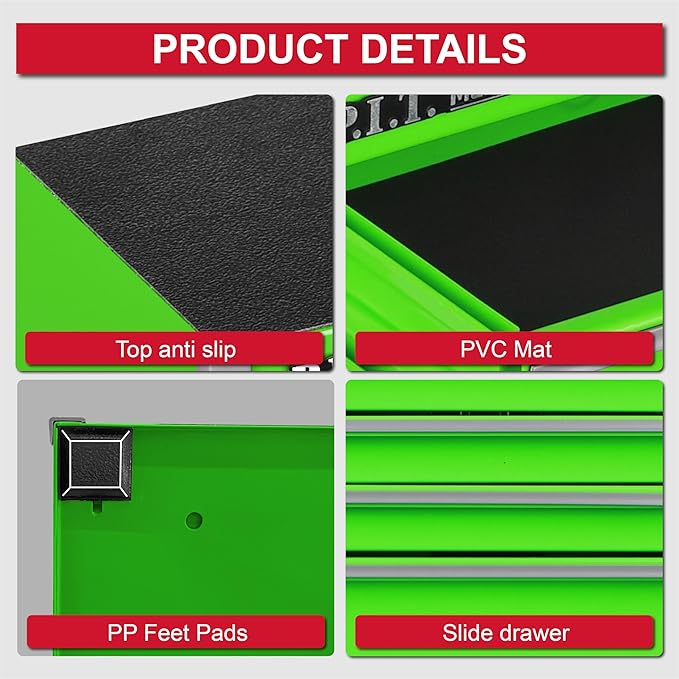 P.I.T. Mini Green Tool Box, Portable 5-Drawer Micro Roll Cab Steel Tool Box - Image 6