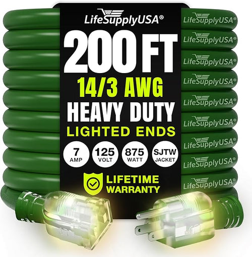 200ft Outdoor/Indoor Extension Cord 14/3 Gauge Heavy Duty 3 Prong SJTW by LifeSupplyUSA