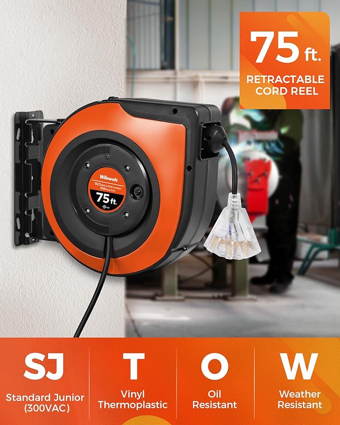 Retractable Cord Reel, 75 FT Heavy Duty Extension Cord, 14AWG/3C SJTOW - Image 4
