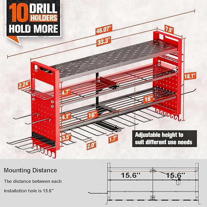 33" W Power Tool Organizer Wall Mount, 4-Layer Heavy Duty Tool Storage - Image 2