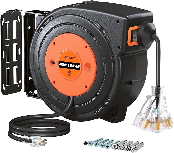SURAIELEC 12 Gauge Extension Cord Reel, 45 FT Retractable Extension Cord by SURAIELEC