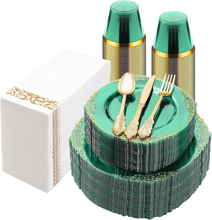 350PCS Clear Green Plastic Plates by Bestluck