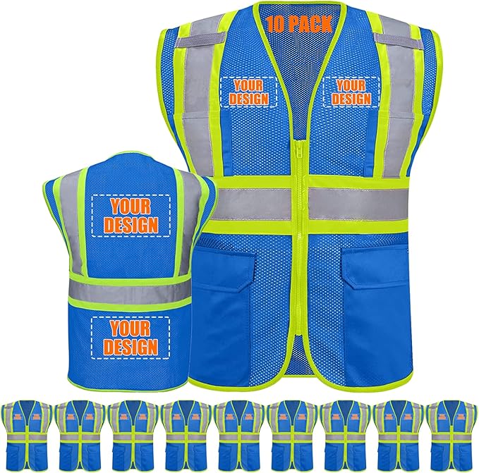Custom Safety Vest with Logo Pockets High Visibility Reflective Vests by CustomTok