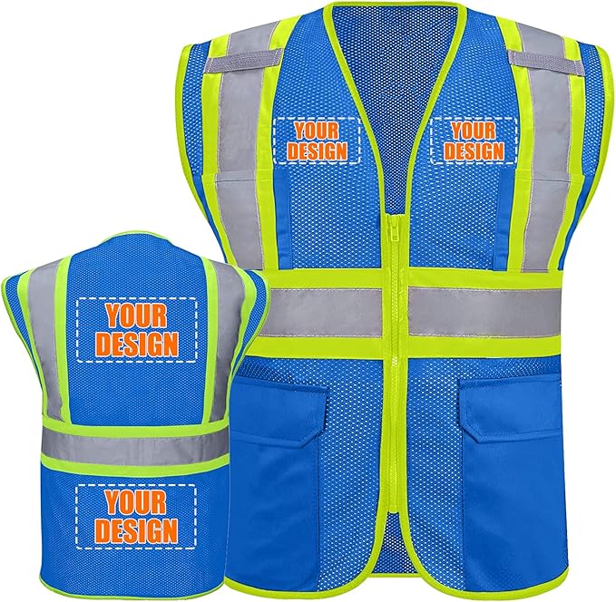Custom Safety Vest with Logo Pockets High Visibility Reflective Vests by CustomTok
