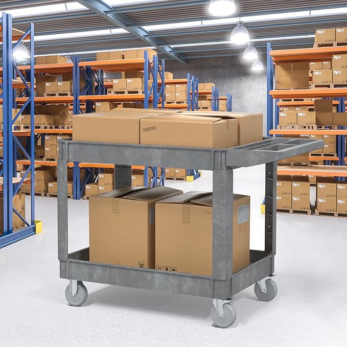 Utility Cart on Wheels, 2 Shelf Heavy Duty Plastic Rolling Cart, 550LBS - Image 5