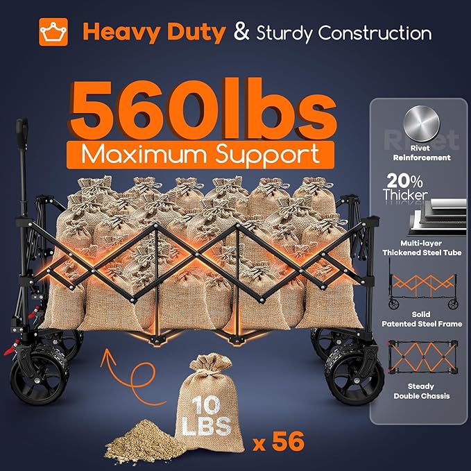 48" L Collapsible Wagon Cart Foldable, 560lbs Weight Capacity 300L Heavy Duty - Image 4