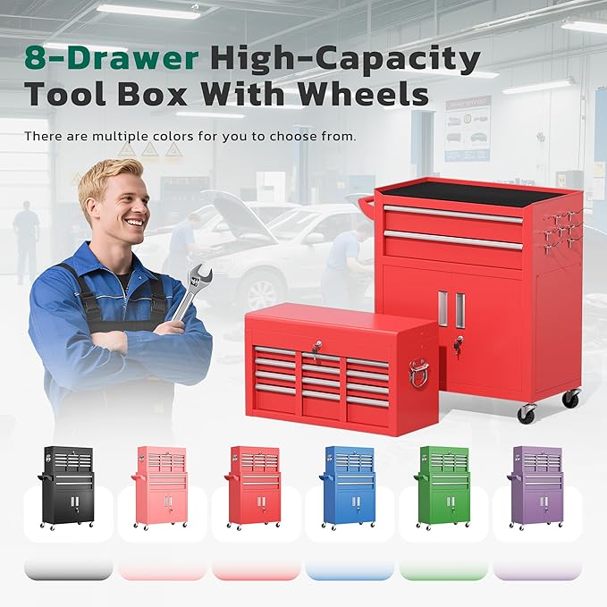 Greenvelly 8-Drawer Rolling Tool Chest, Metal Tool Chest - Image 9