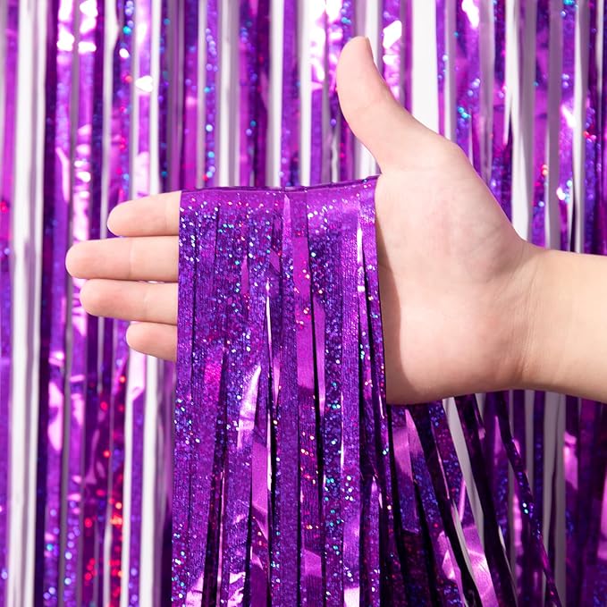 3 Pack 3.3 x 8.2 ft Laser Purple Foil Fringe Backdrop Curtains, Tinsel - Image 2