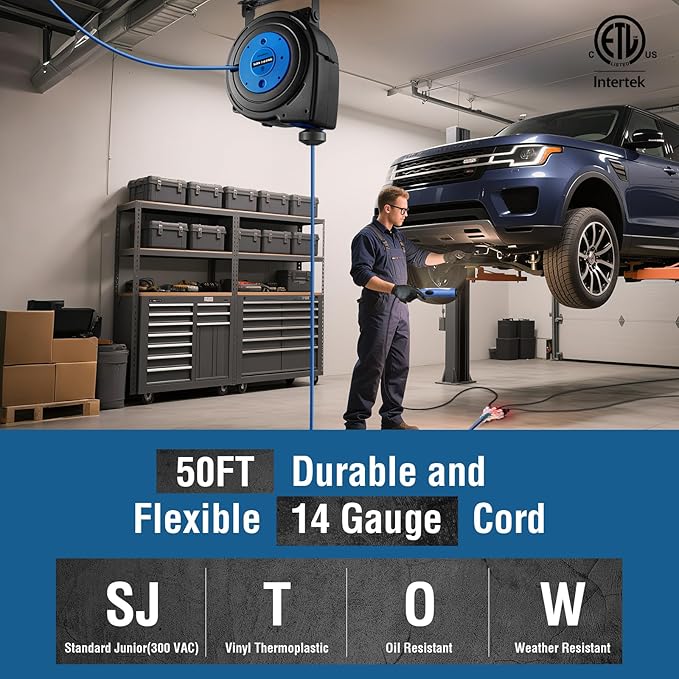 SURAIELEC 50FT Retractable Extension Cord Reel, 14AWG/3C SJTOW Heavy Duty Power - Image 2