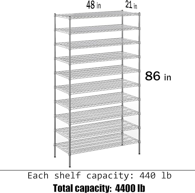 21" Deep x 48" Wide x 86" Height Wire Shelving Kit | 10-Tier | NSF Commercial - Image 3