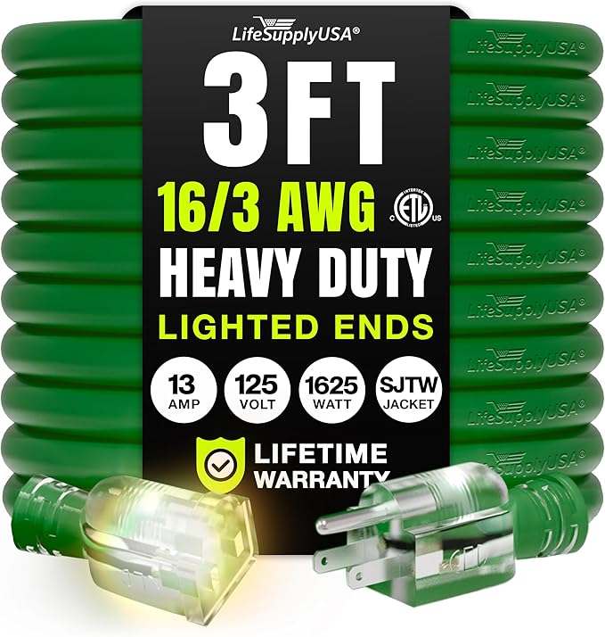 3ft Outdoor/Indoor Extension Cord 16/3 Gauge Heavy Duty 3 Prong SJTW, Waterproof by LifeSupplyUSA