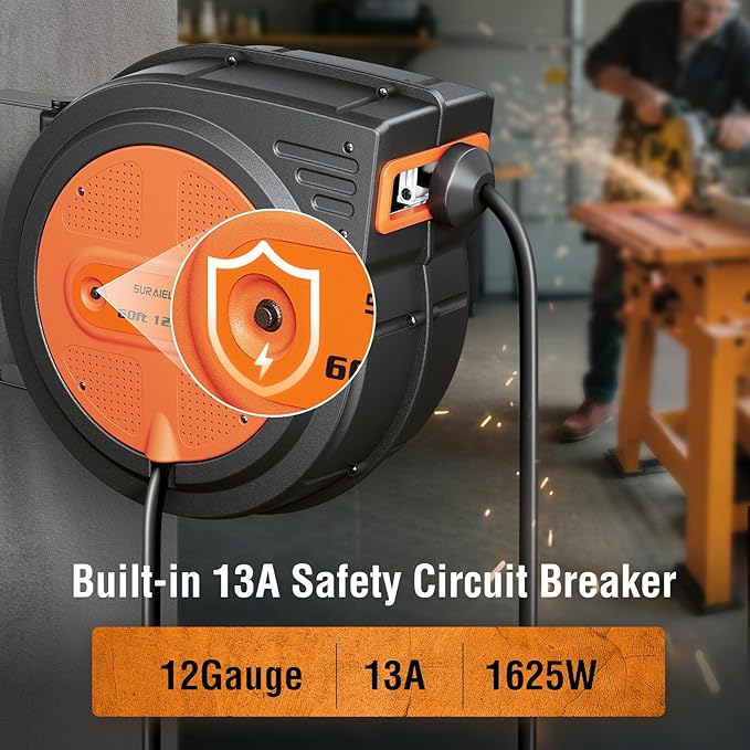 SURAIELEC 12 Gauge Extension Cord Reel, 60 FT Retractable Extension Cord - Image 3