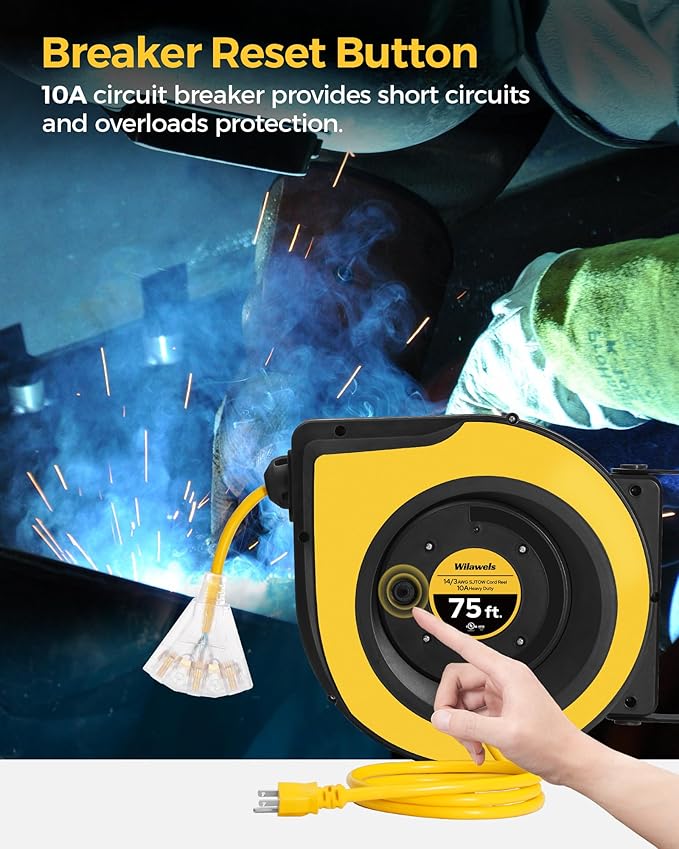 Retractable Cord Reel, 75 FT Heavy Duty Extension Cord, 14AWG/3C SJTOW - Image 5