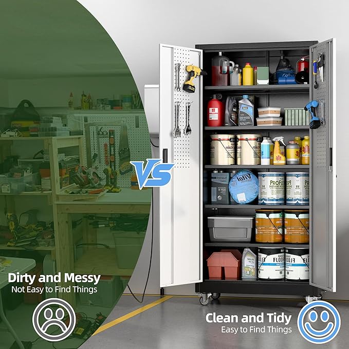 Garage Storage Cabinet with Wheels & Pegboard, Lockable Metal Storage Cabinet - Image 6