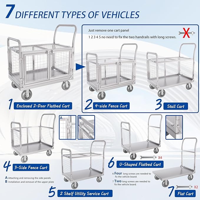 Upgrade Platform Truck with Cage, Mutipurpose 7-in-1 Heavy-Duty Utility Cart - Image 2