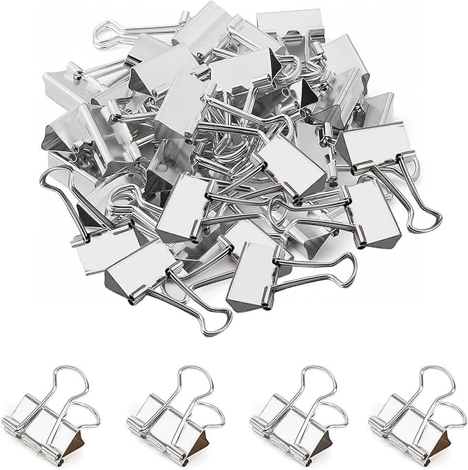 50 Pack Medium Silver Binder Clips 1 Inch, Colored Paper Clamps, Middle Size by Qikaara