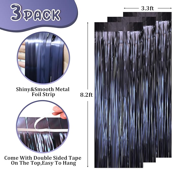3 Pack 3.3 x 8.2 ft Matte Blue Foil Fringe Curtains, Dark Blue Tinsel Streamers - Image 2