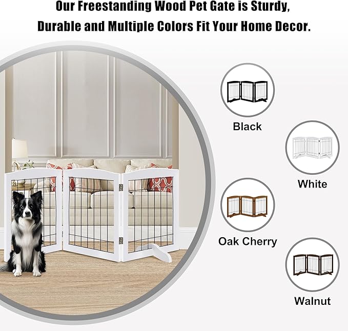 LZRS 3-Panel Freestanding Adjustable Wooden Dog Gate—30" Tall Foldable Pet - Image 4