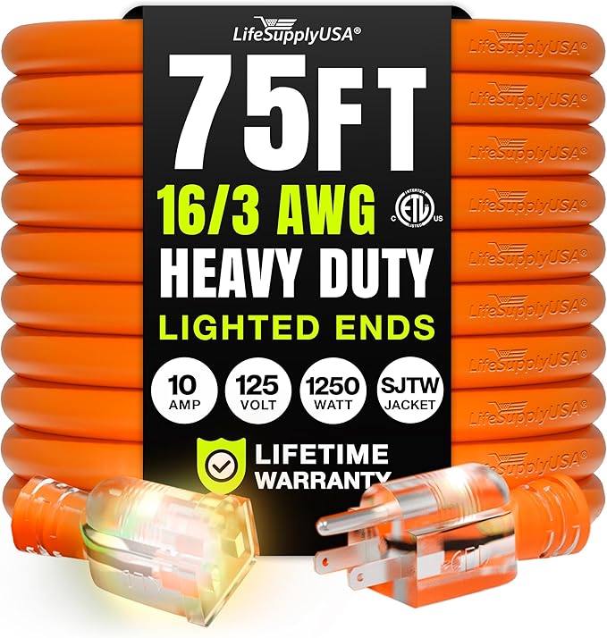 75ft Outdoor/Indoor Extension Cord 16/3 Gauge Heavy Duty 3 Prong SJTW, by LifeSupplyUSA
