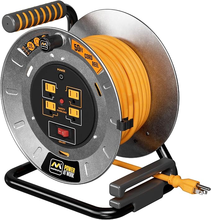 Masterplug 50ft Cord Reel, Metal Steel Cable Drum, Retractable Extension Lead by Masterplug