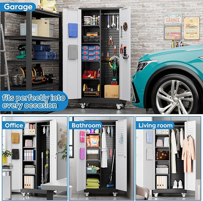 Garage Storage Cabinet with Wheels, Broom Closet Storage Cabinet with Pegboards - Image 8
