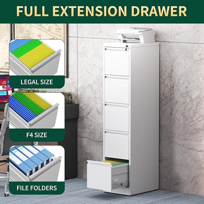 5 Drawer File Cabinet with Lock, Steel Vertical Filing Storage Cabinet - Image 5
