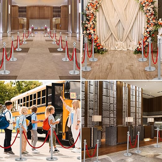 4 PCS Stainless Steel Stanchion Post, 5Ft Red Velvet Rope, Hollow Base and - Image 7
