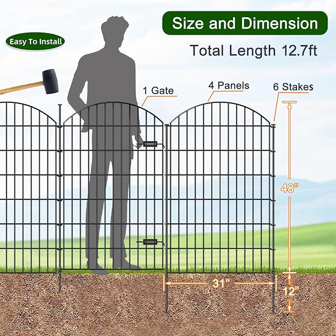 Metal Garden Fence with Gate 48in x 12.7ft, 1 Gate+ 4 Panels Dog Fence Border - Image 3