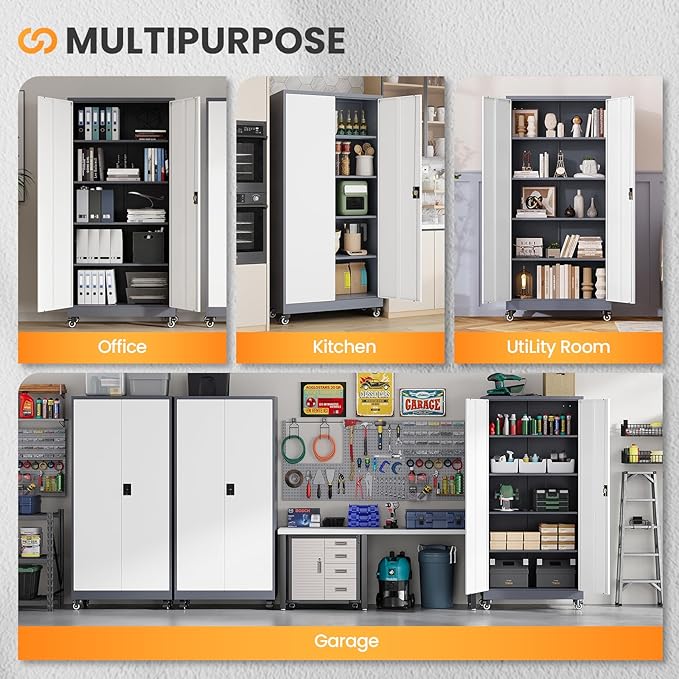 Garage Cabinet with Wheels and Adjustable Shelves, Metal Garage Storage - Image 8