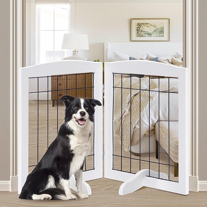 LZRS 2-Panel Freestanding Adjustable Wooden Dog Gate—30” Tall Foldable Pet by LZRSPET