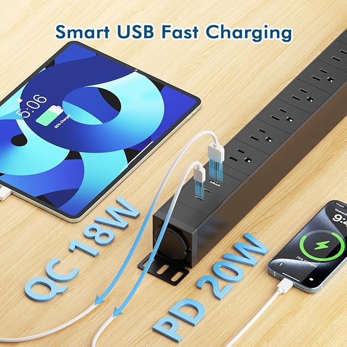 8 Outlet Metal Wall Mount Power Strip, 360° Rotatable Mounting, PD 20W USB C - Image 3