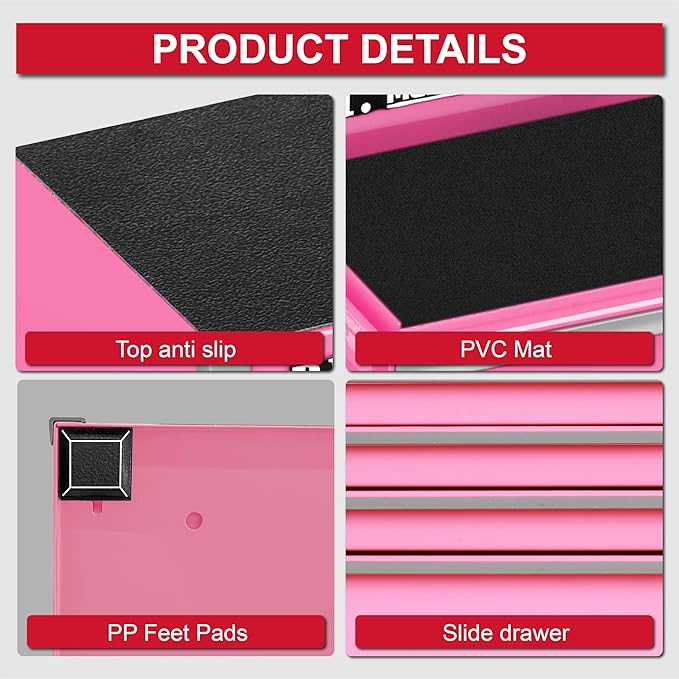 P.I.T. Mini Pink Tool Box, Portable 5-Drawer Micro Roll Cab Steel Tool Box - Image 6