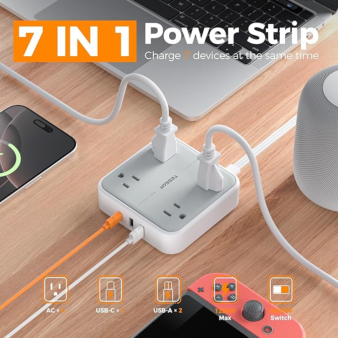 TESSAN Surge Protector Power Strip, 1 Ft Ring Pull Short Extension Cord - Image 2