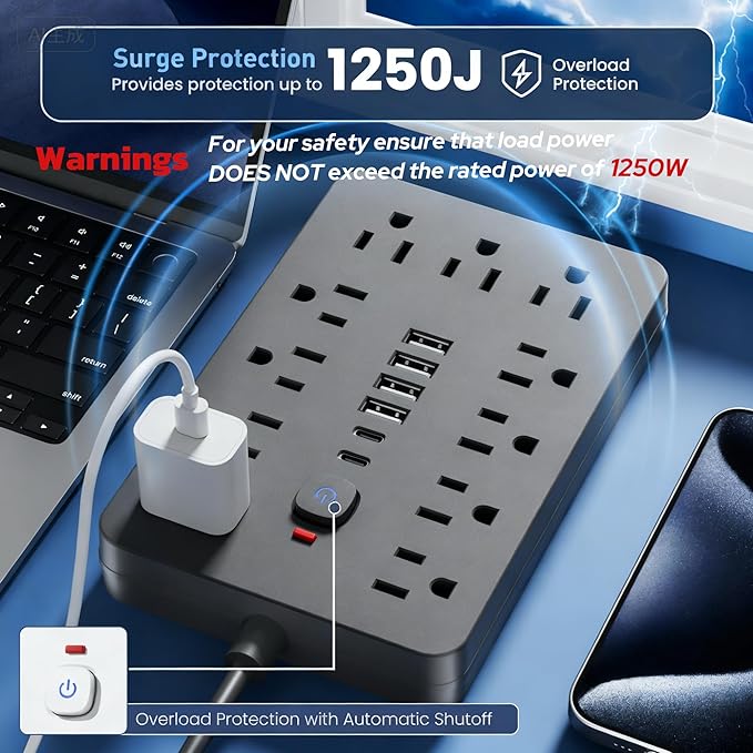 6 FT Flat Plug Surge Protector Power Strip, 11 Multiple AC Outlets - Image 8