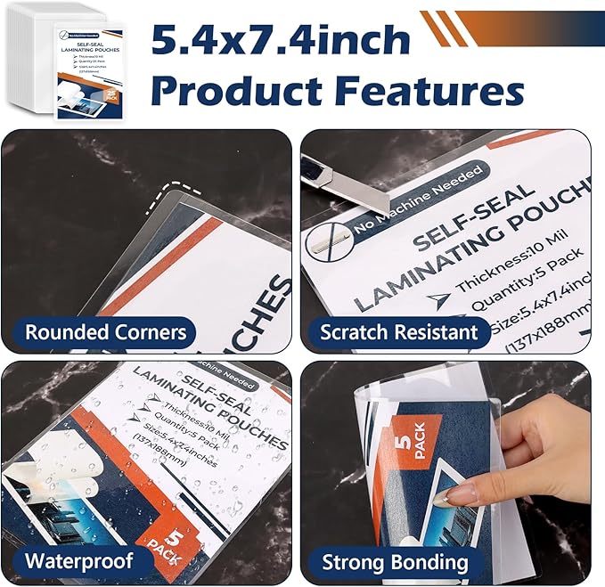 5 Pack 10 Mil 5"x7" Self Sealing Laminating Pouches Self Adhesive Lamination - Image 3