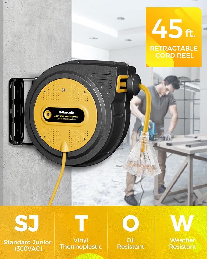 45 FT Retractable Extension Cord Reel, Heavy Duty Power Cord, 12AWG/3C SJTOW - Image 2