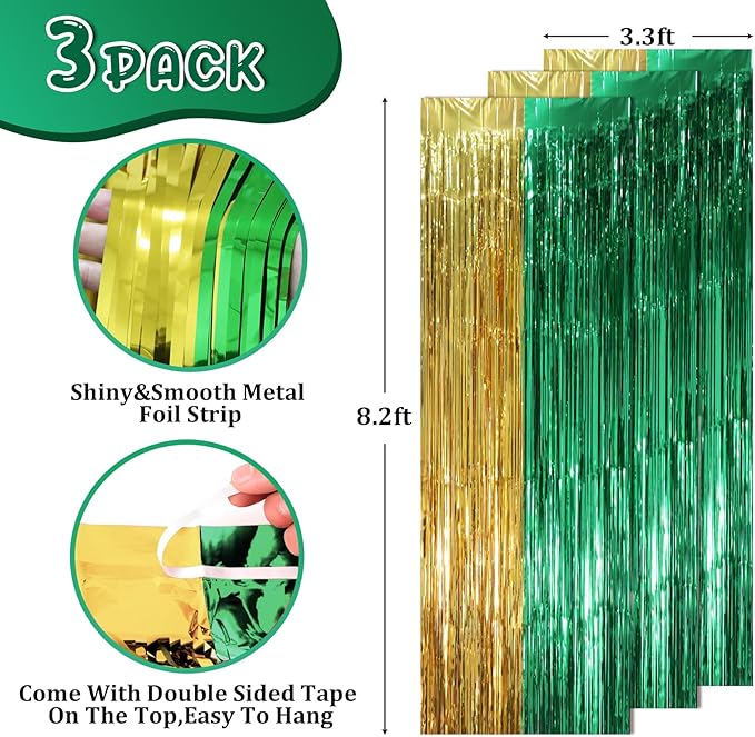 3 Pack 3.3 x 8.2 ft Green and Gold Foil Fringe Backdrop Curtains, Tinsel - Image 2
