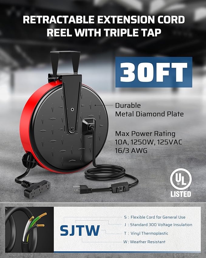 DEWENWILS 30 Ft Retractable Extension Cord Reel, Ceiling or Wall Mount 16/3 - Image 3