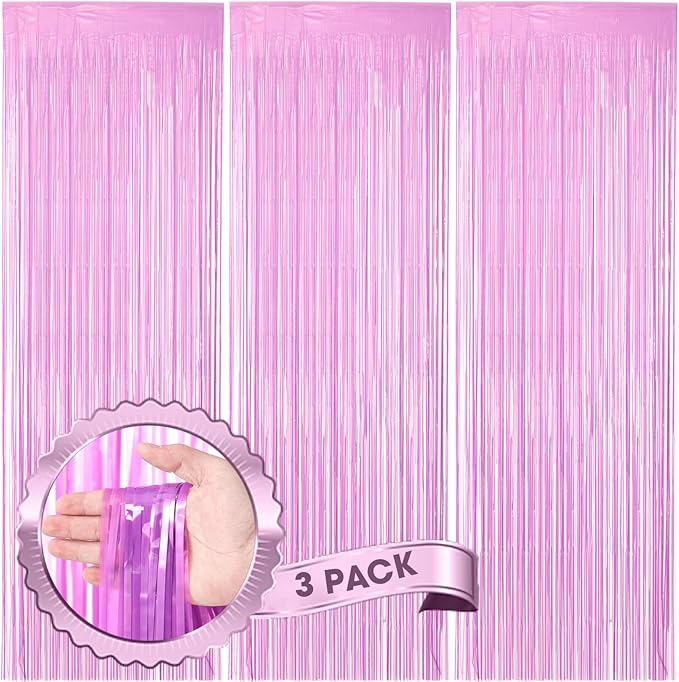 3 Pack 3.3 x 8.2 ft Pastel Purple Foil Fringe Backdrop Curtains, Tinsel by Voircoloria