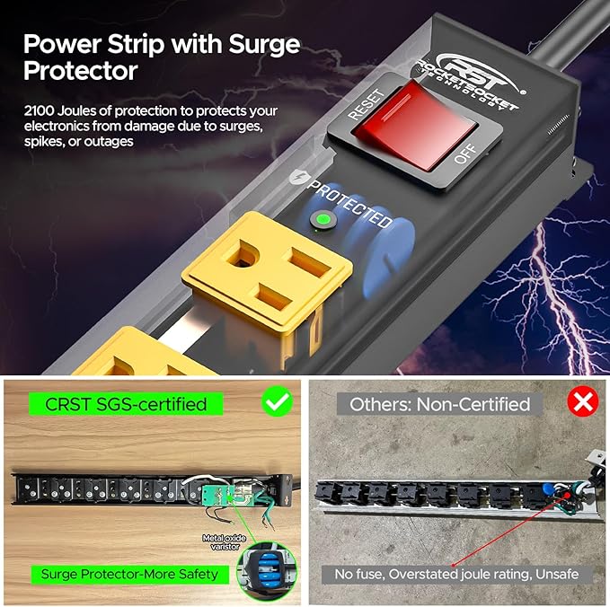 CRST 8 Outlet Metal Long Power Strip, Heavy Duty Surge Protector 2100J - Image 3