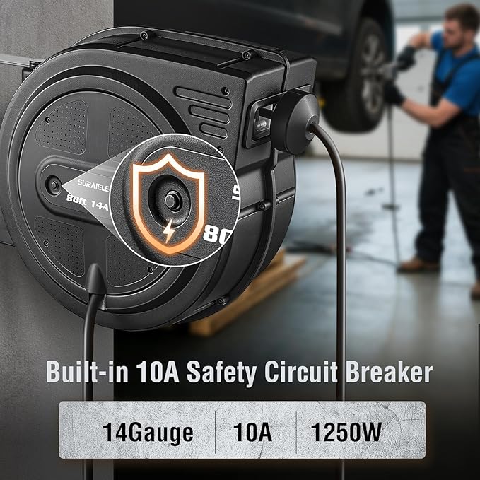 SURAIELEC 80 FT Retractable Extension Cord Reel, 14 AWG SJTOW Power Cord - Image 3