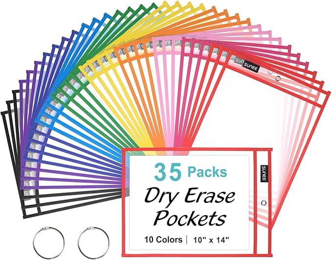 SUNEE 35 Packs Oversized Reusable Dry Erase Pocket Sleeves by SUNEE