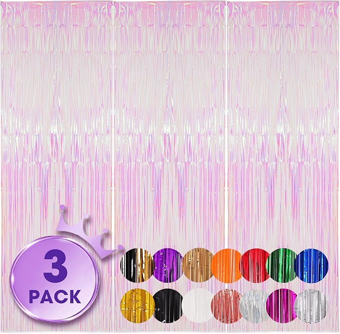 3 Pack 3.3x8.2 Feet Iridescent Transparent Foil Fringe Backdrop Curtains by Voircoloria