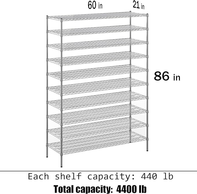 21" Deep x 60" Wide x 86" Height Wire Shelving Kit | 10-Tier | NSF Commercial - Image 3