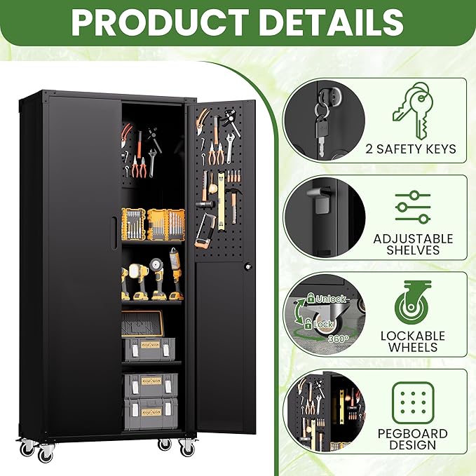 71'' Garage Storage Cabinet on Wheels Black Metal Tool Cabinets - Image 6