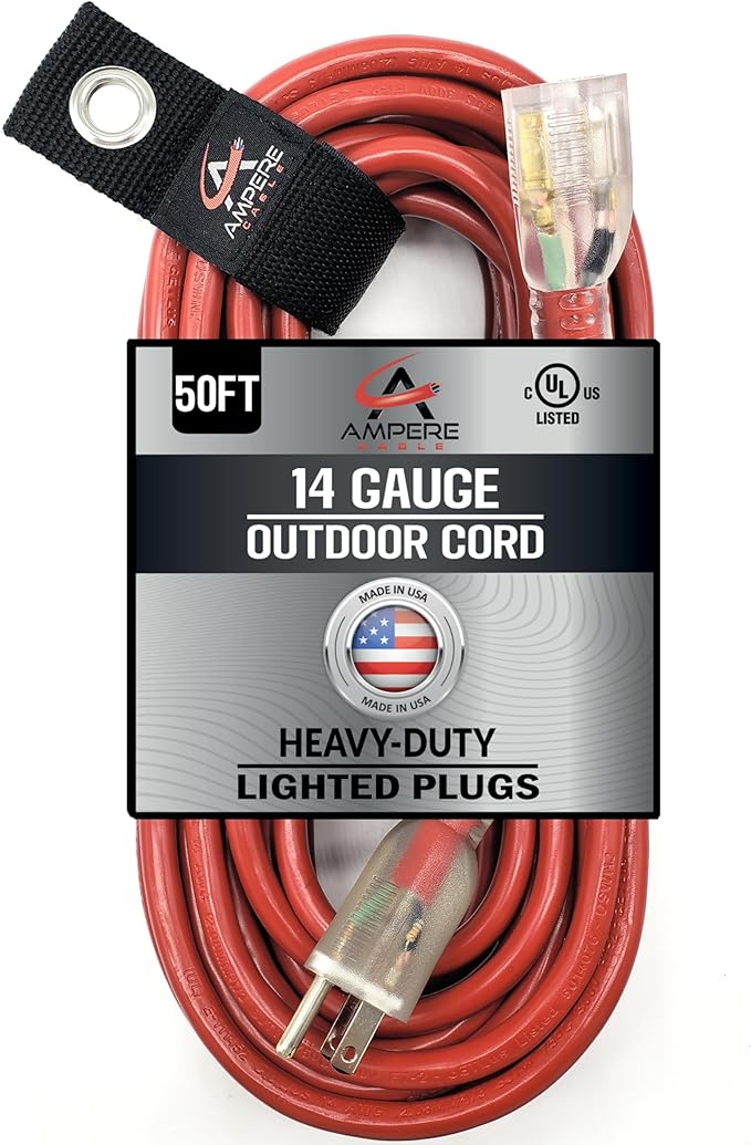50 ft - 14 Gauge Extension Cord Outdoor - Made in USA - Lighted on Both Ends - by AnthemCable