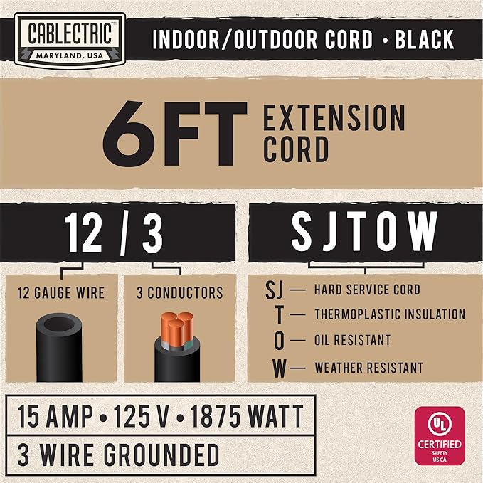 6 Ft Heavy Duty Extension Cord, SJTOW Oil Resistant 12/3 Outdoor Extension Cord - Image 2